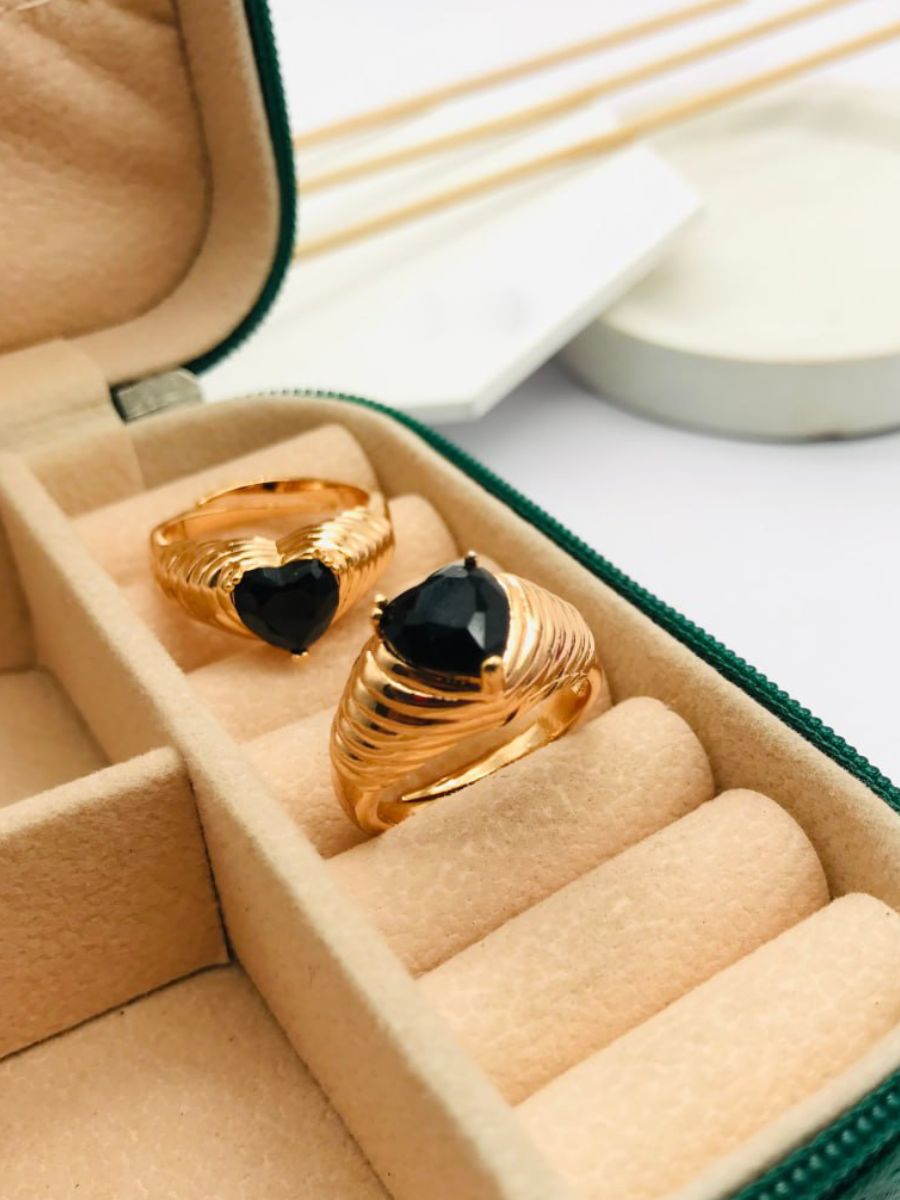 Adjustable Heart Shaped Black Stone Rose Gold Ring