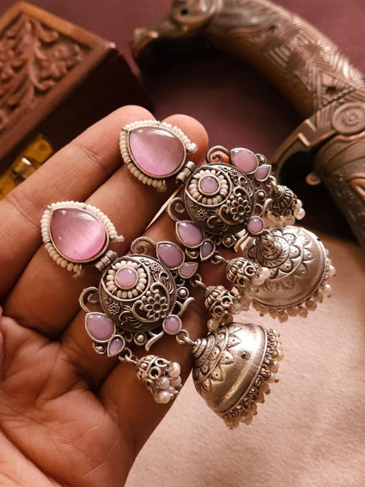 Buy Baby Pink German Silver Oxidised Jhumka Earrings - TheJewelbox