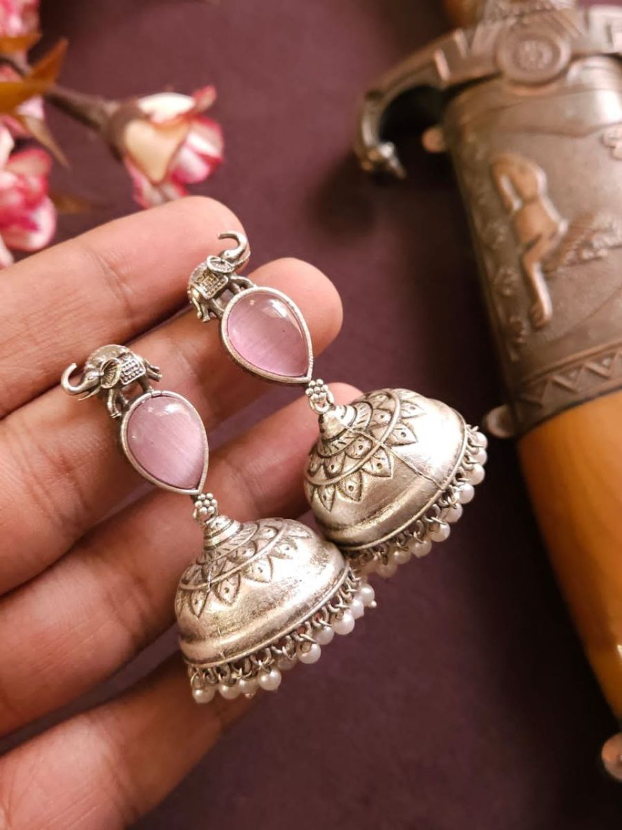 Buy Baby Pink Monalisa Stone Elephant Big Jhumka Earrings Online - TheJewelbox
