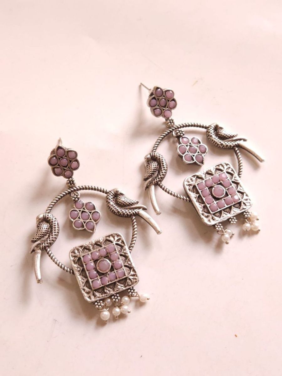 Buy Baby Pink Oxidised Silver Lookalike Chandbali Earrings - TheJewelbox
