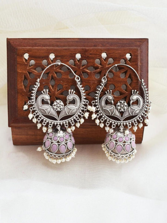 Buy Baby Pink Peacock Oxidised Silver Chandbali Jhumki Earrings Online - Thejewelbox