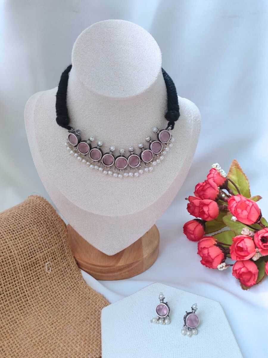 Baby Pink Round Stones Oxidised Silver Choker Necklace Set