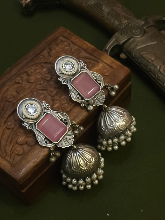 Buy Baby Pink Stone Studded Big Oxidised Silver Jhumka Earrings Online - TheJewelbox