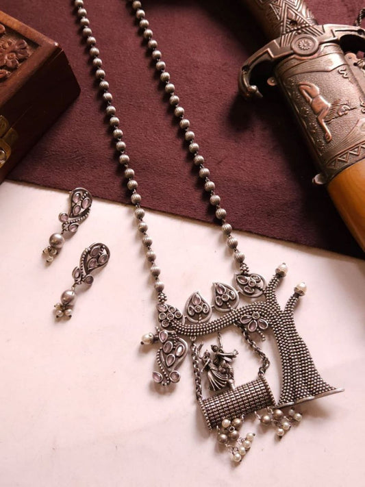 Buy Baby Pink Stones Radha Krishna Pendant Oxidised Long Necklace - TheJewelbox