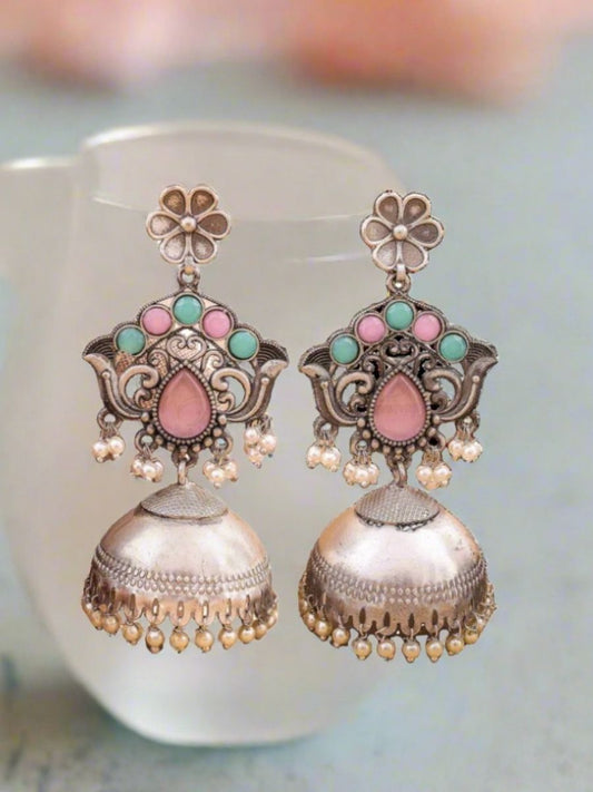 Buy Baby Pink and Sea Green Big Oxidised Silver Jhumka Earrings Online - TheJewelbox