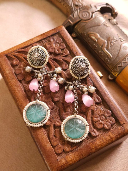 Buy Baby Pink and Sea Green Stone Oxidised Silver Drop Earrings Online - TheJewelbox