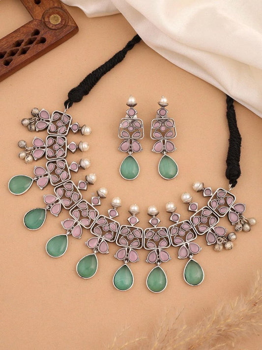 Buy Baby Pink and Sea Green Stones Oxidised Silver Choker Necklace Set Online - TheJewelbox