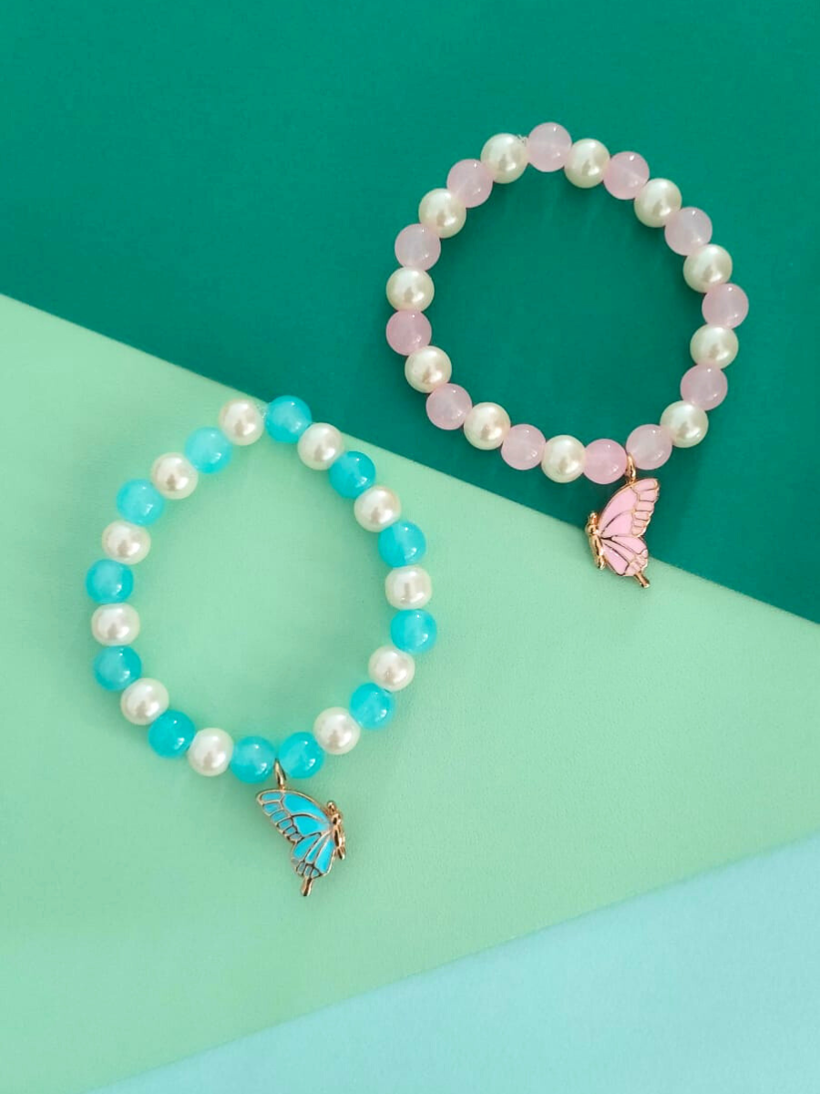 Baby Pink and Sky Blue Butterfly Charms Beaded Bracelets