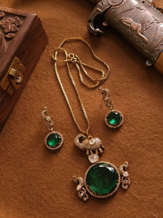 Buy Big Green Stone Elephant Pendant Polki Kundan Long Necklace - TheJewelbox