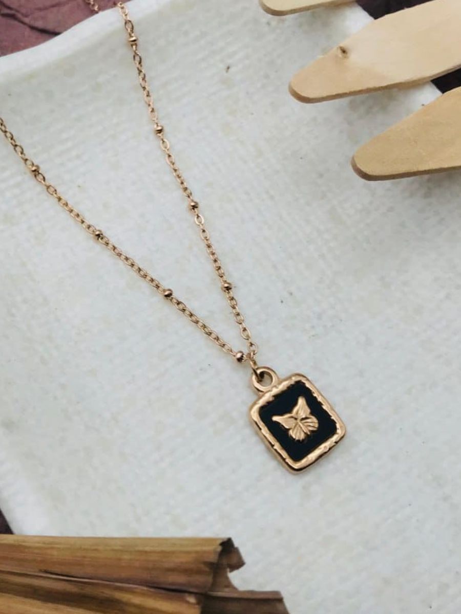 Black Square Butterfly Pendant Rose Gold Chain Necklace