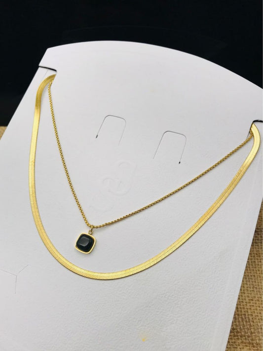 Buy Black Square Pendant Golden Plated Double Chain Necklace Online - TheJewelbox