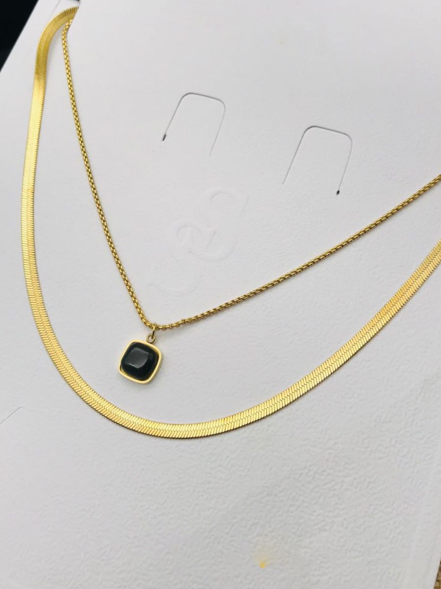 Black Square Pendant Golden Plated Double Chain Necklace