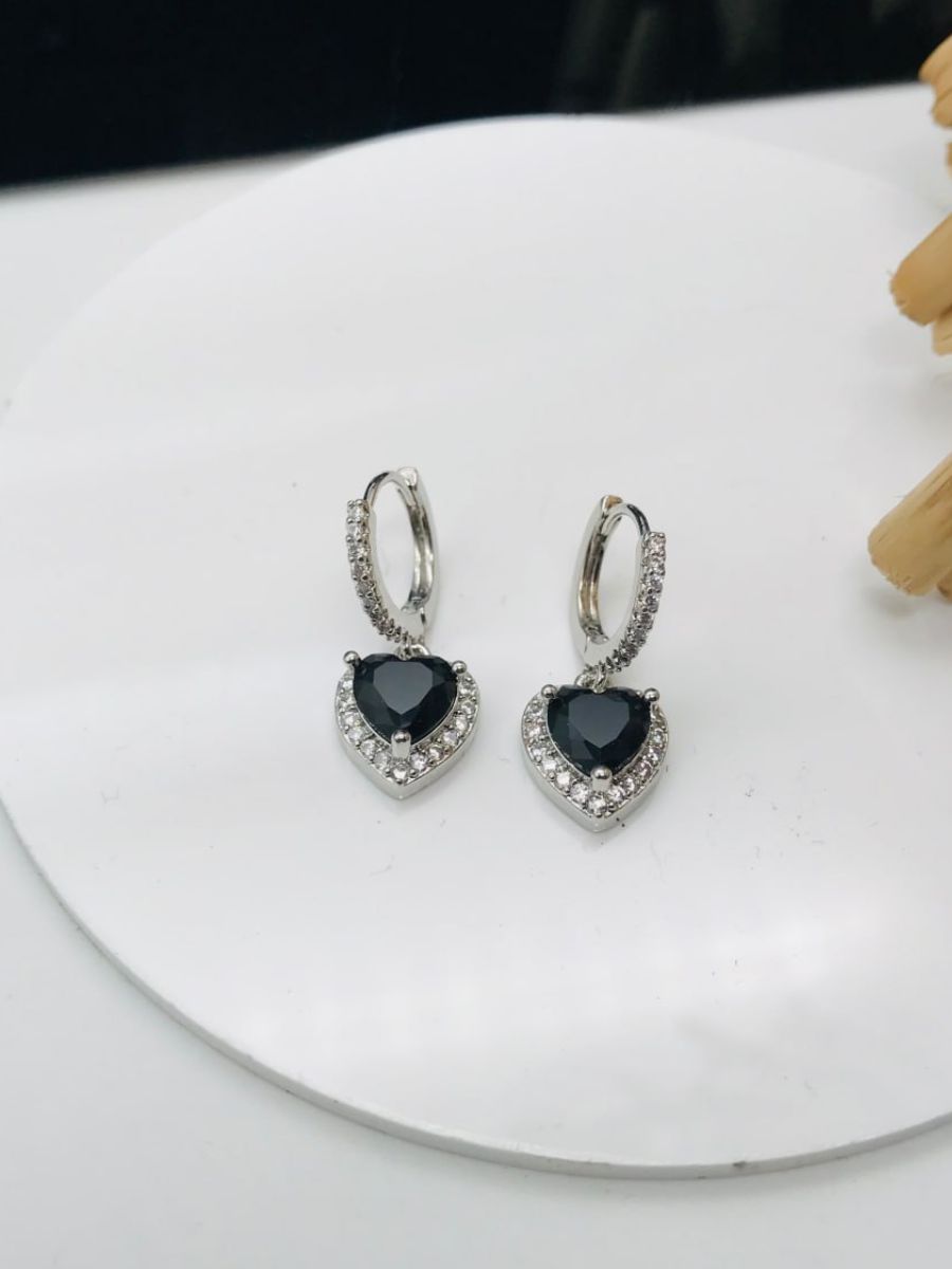 Buy Black Stone Heart Hanging Silver Huggie Hoop Earrings Online - TheJewelbox