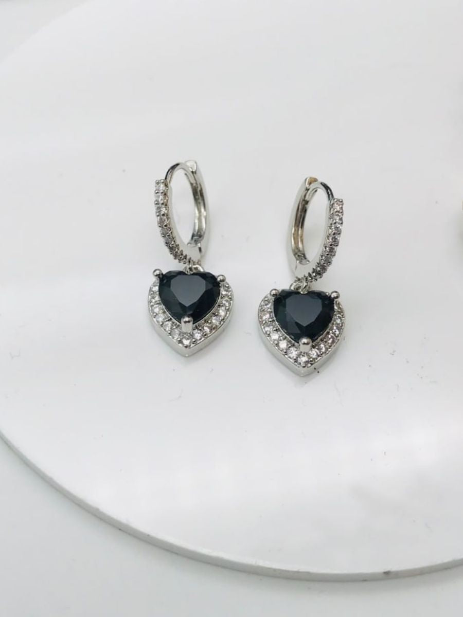 Black Stone Heart Hanging Silver Huggie Hoop Earrings