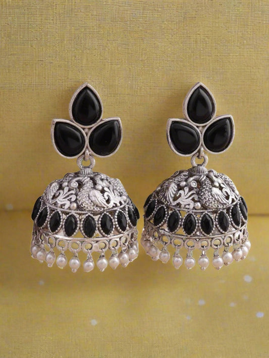 Black Stone Small Size Oxidised Silver Jhumki Earrings