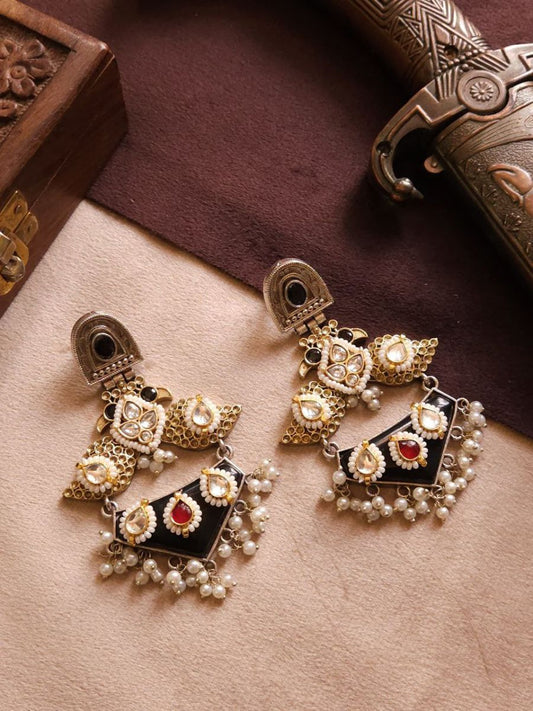 Buy Black Stone and Kundan Studded Dual Tone Oxidised Earrings - TheJewelbox