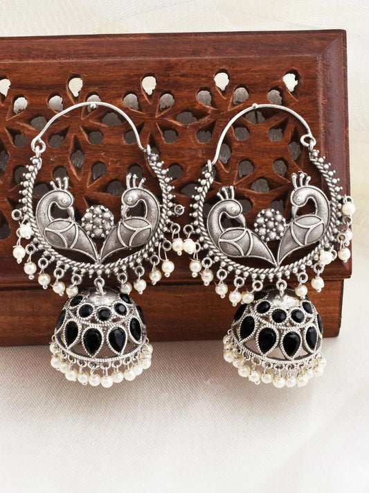 Buy Black Stones Peacock Oxidised Silver Chandbali Jhumki Earrings Online - TheJewelbox