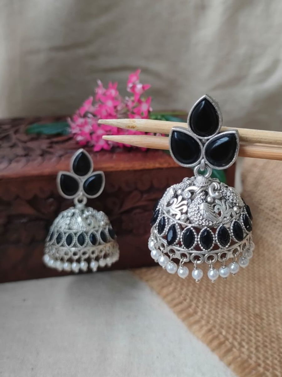 Black Stones Peacock Style Oxidised Silver Jhumka