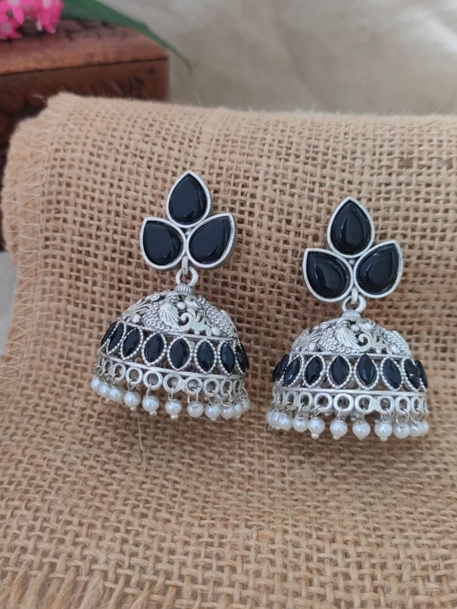 Buy Black Stones Peacock Style Oxidised Silver Jhumka Online - TheJewelbox