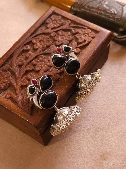 Buy Black Stones Small Oxidised Silver Jhumka Earrings - TheJewelbox