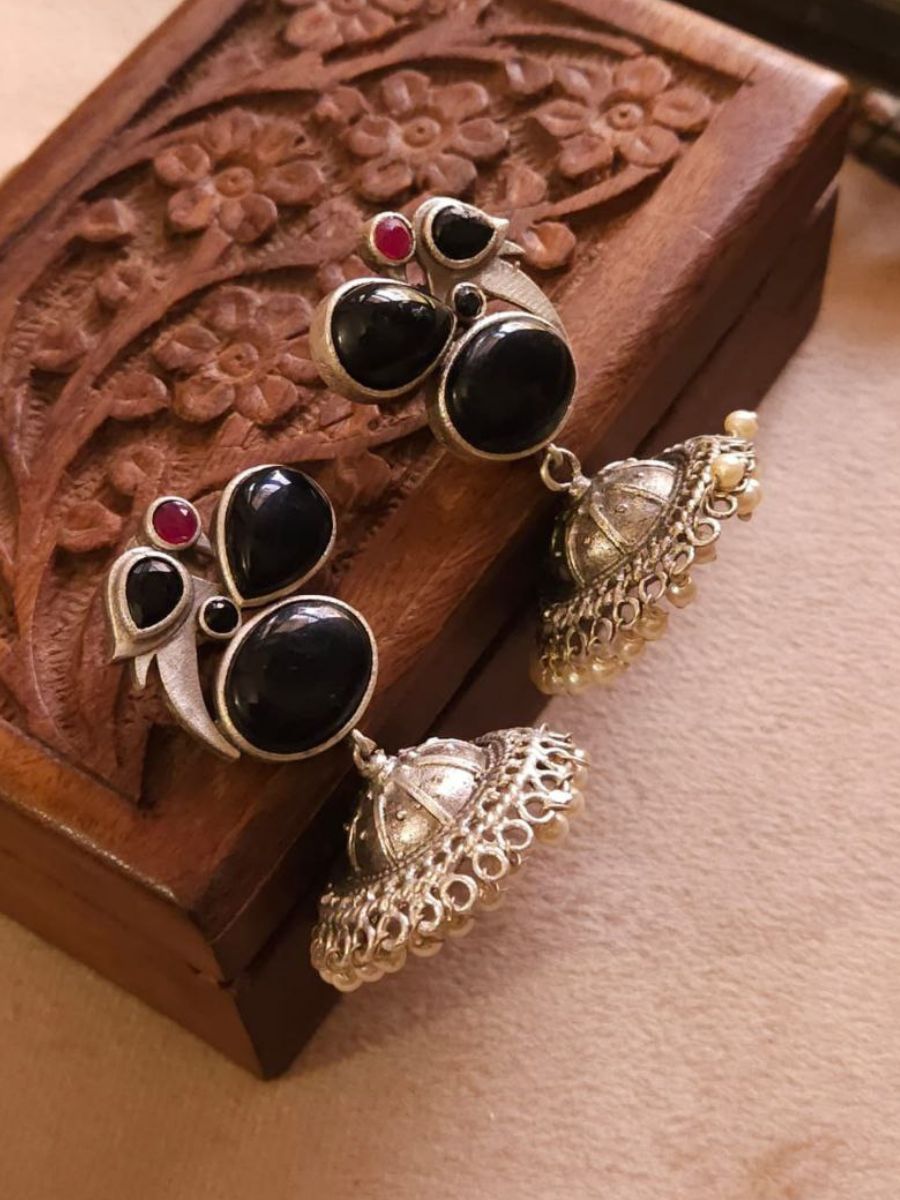Black Stones Small Oxidised Silver Jhumka Earrings