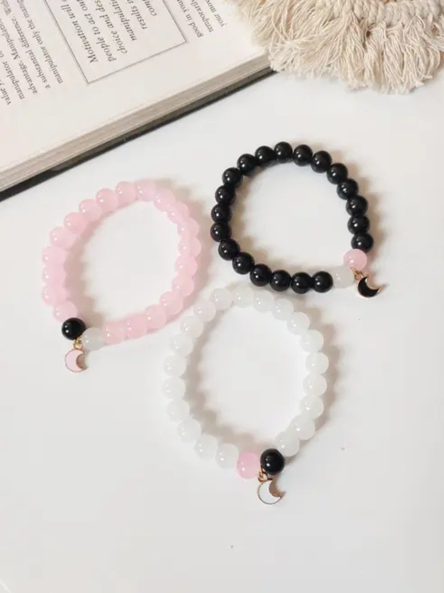 Black, Pink and White Moon Charms Beaded Bracelets