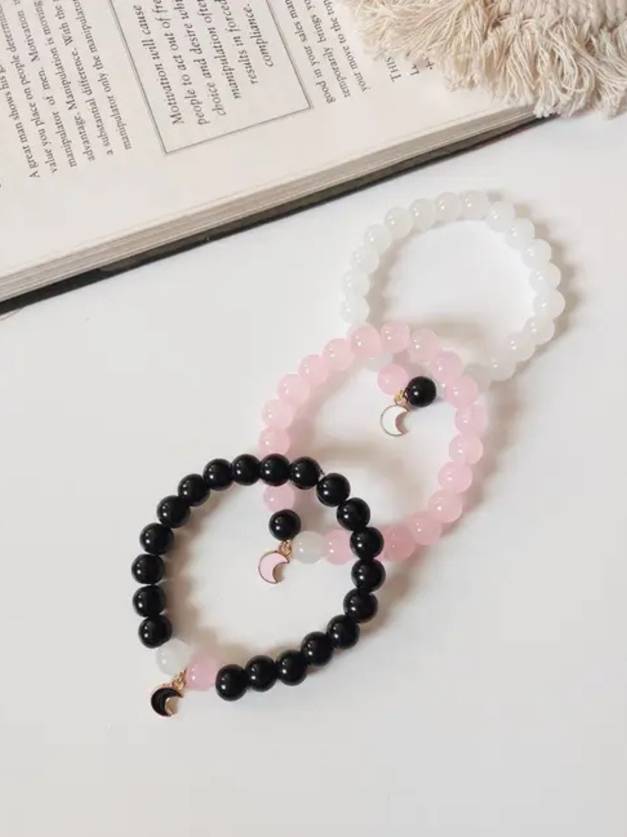 Black, Pink and White Moon Charms Beaded Bracelets