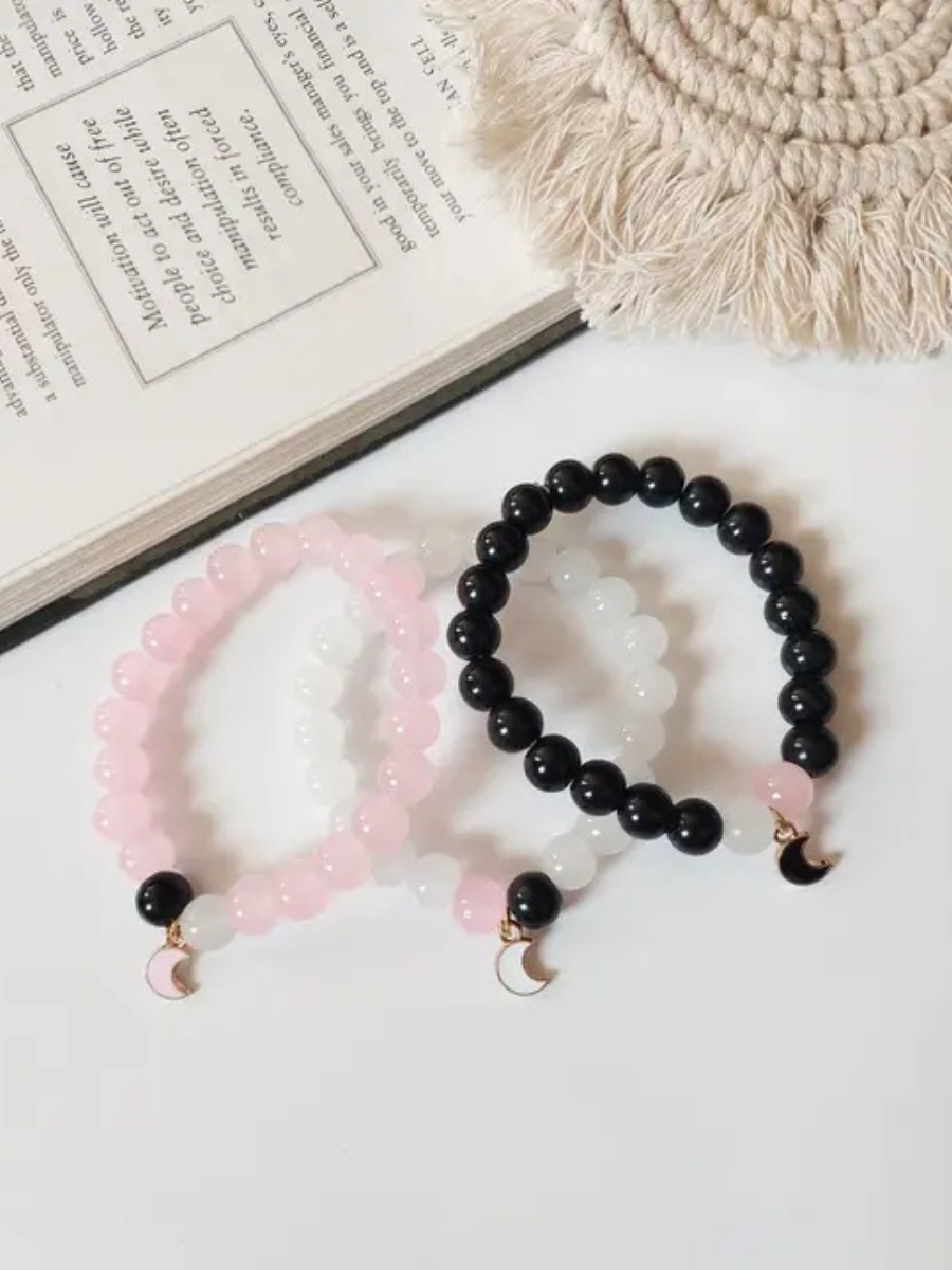 Black, Pink and White Moon Charms Beaded Bracelets