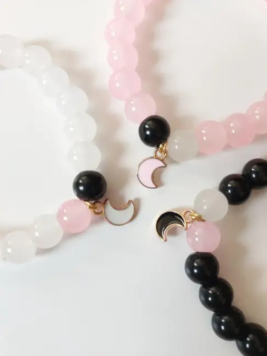 Black, Pink and White Moon Charms Beaded Bracelets