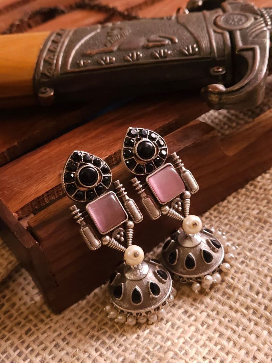 Buy Black and Pink Stone Studded Oxidised Silver Jhumka Earrings - TheJewelbox