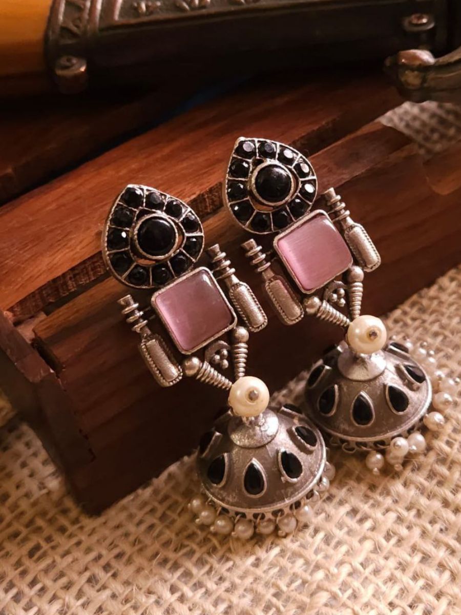 Black and Pink Stone Studded Oxidised Silver Jhumka Earrings
