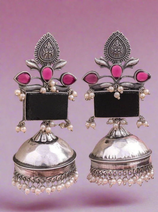 Buy Black and Pink Stones Oxidised Silver Jhumka Earrings Online - TheJewelbox