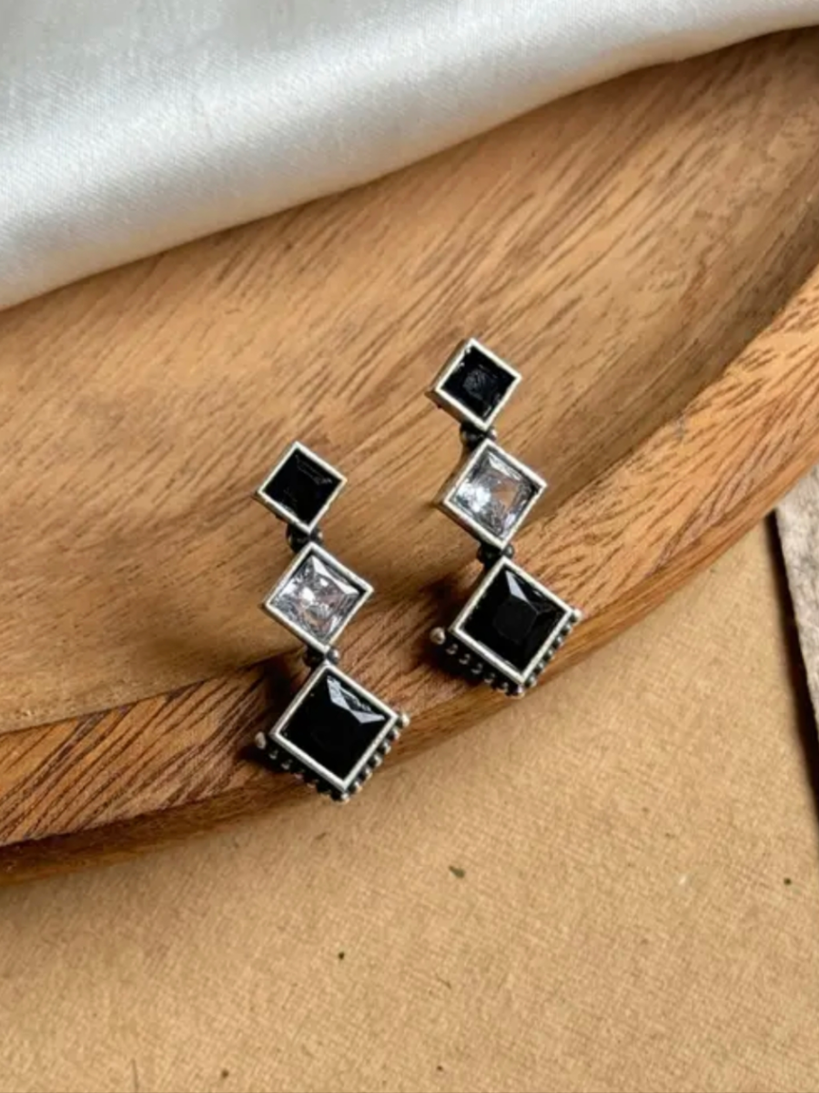 Buy Black and White Stones Oxidised Silver Drop Earrings Online - TheJewelbox