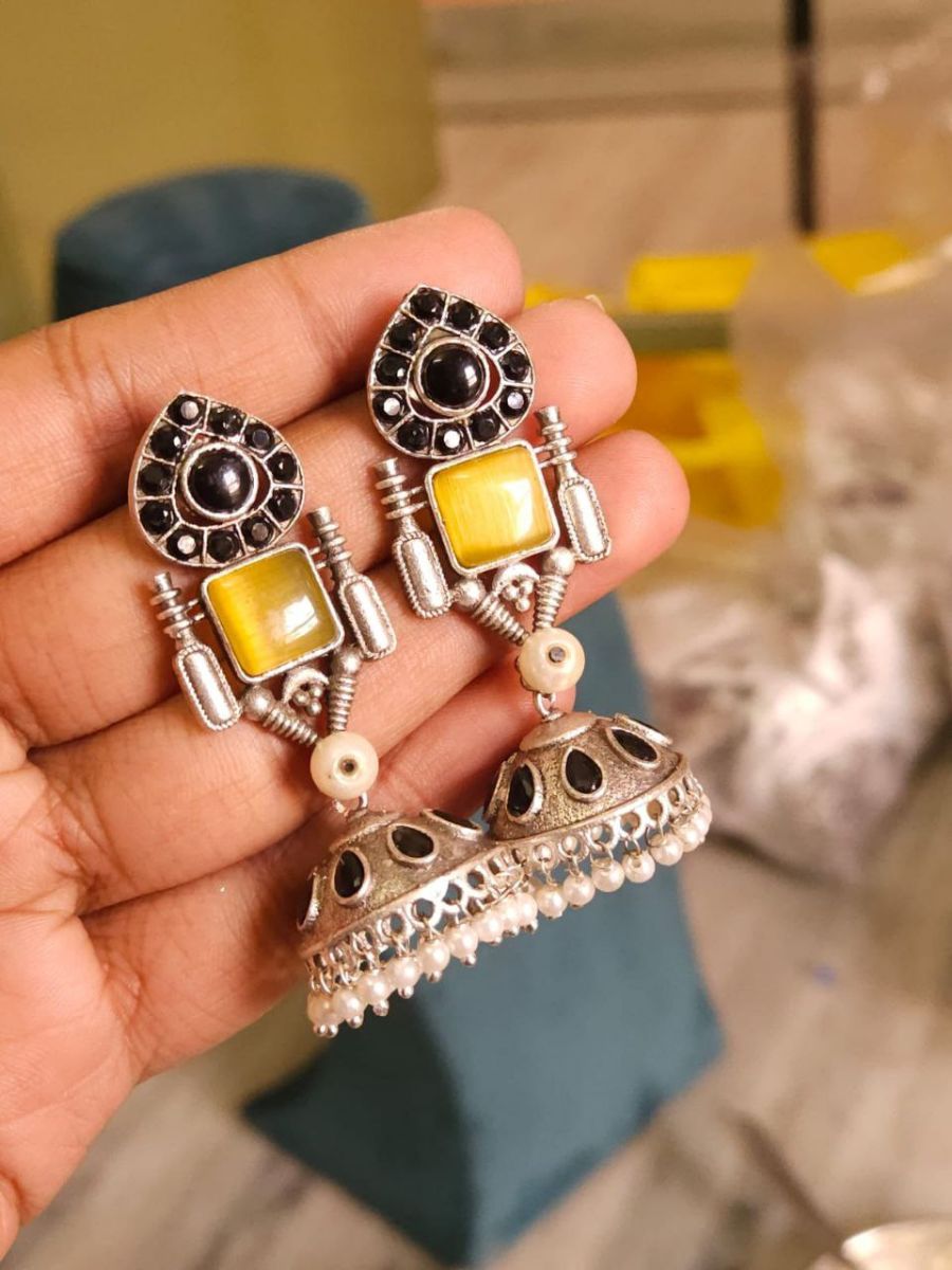 Black and Yellow Stone Studded Oxidised Silver Jhumkas