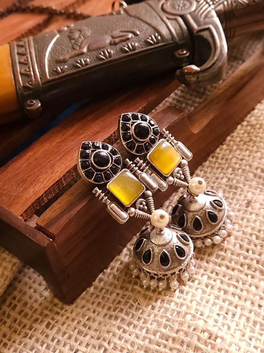 Buy Black and Yellow Stone Studded Oxidised Silver Jhumkas - TheJewelbox