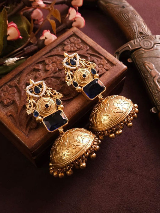 Buy Blue Monalisa Stone Golden Oxidised Jhumka Earrings Online - TheJewelbox