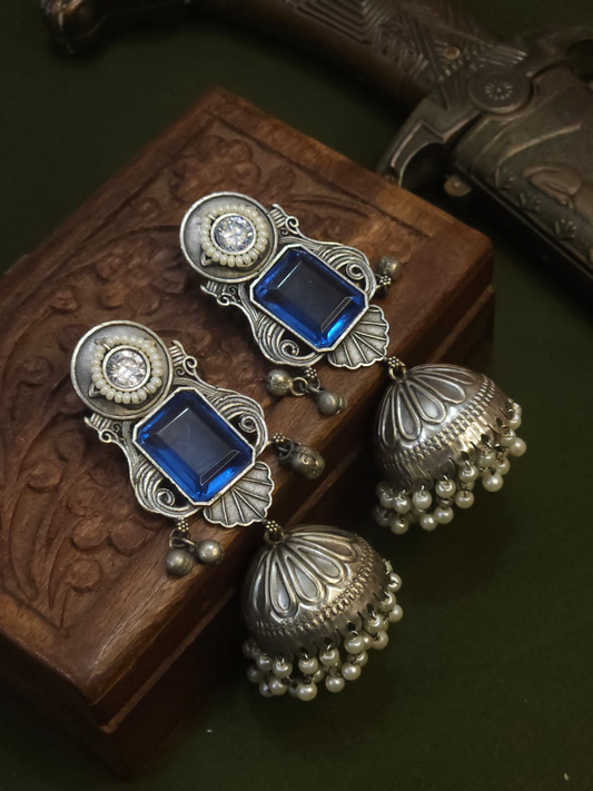 Blue Stone Studded German Silver Oxidised Big Jhumka Earrings