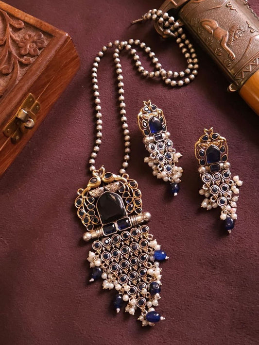 Buy Blue Stones Dual Tone Peacock Pendant Long Necklace - TheJewelbox
