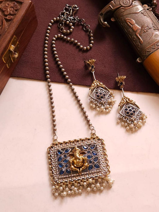 Buy Blue Stones Ganesha Pendant Dual Tone Oxidised Long Necklace - TheJewelbox