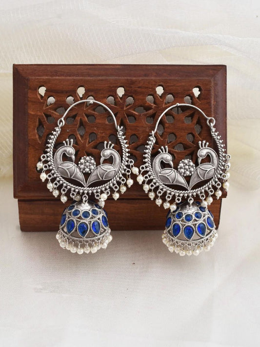 Buy Blue Stones Peacock Oxidised Silver Chandbali Jhumki Earrings Online - TheJewelbox