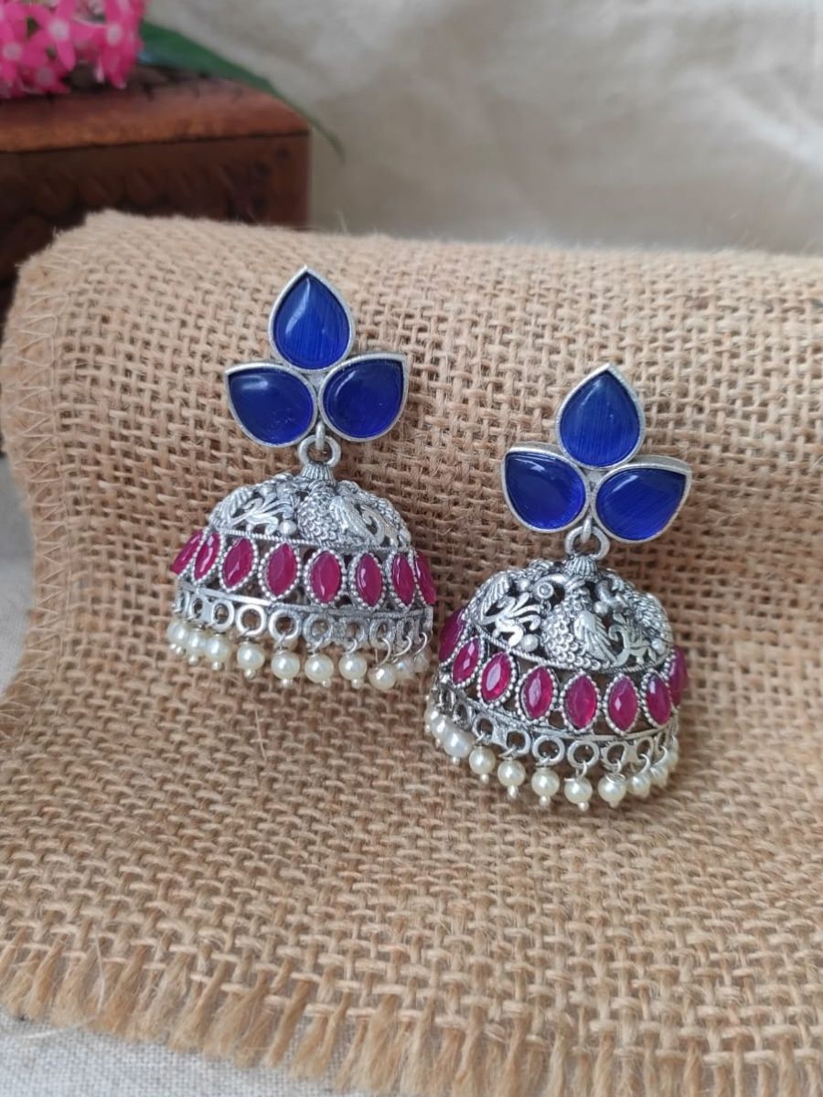 Buy Blue and Pink Peacock Style Oxidised Silver Jhumka Online - TheJewelbox