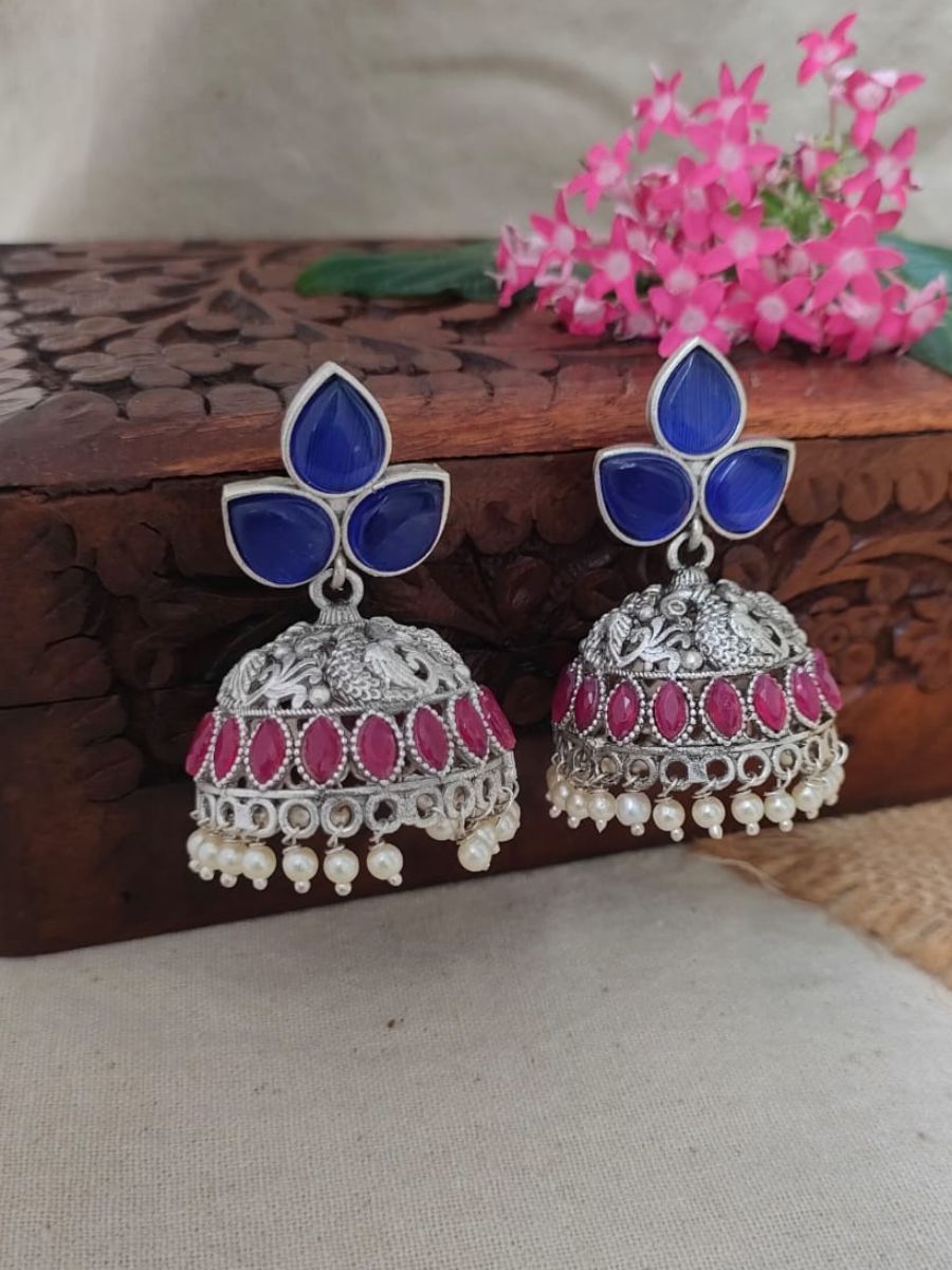 Blue and Pink Peacock Style Oxidised Silver Jhumka