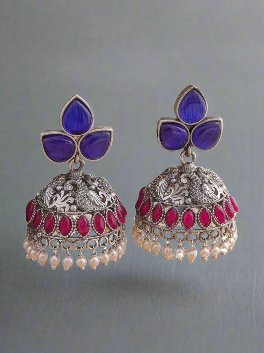 Buy Blue and Ruby Red Stones Small Oxidised Jhumki Earrings Online - TheJewelbox