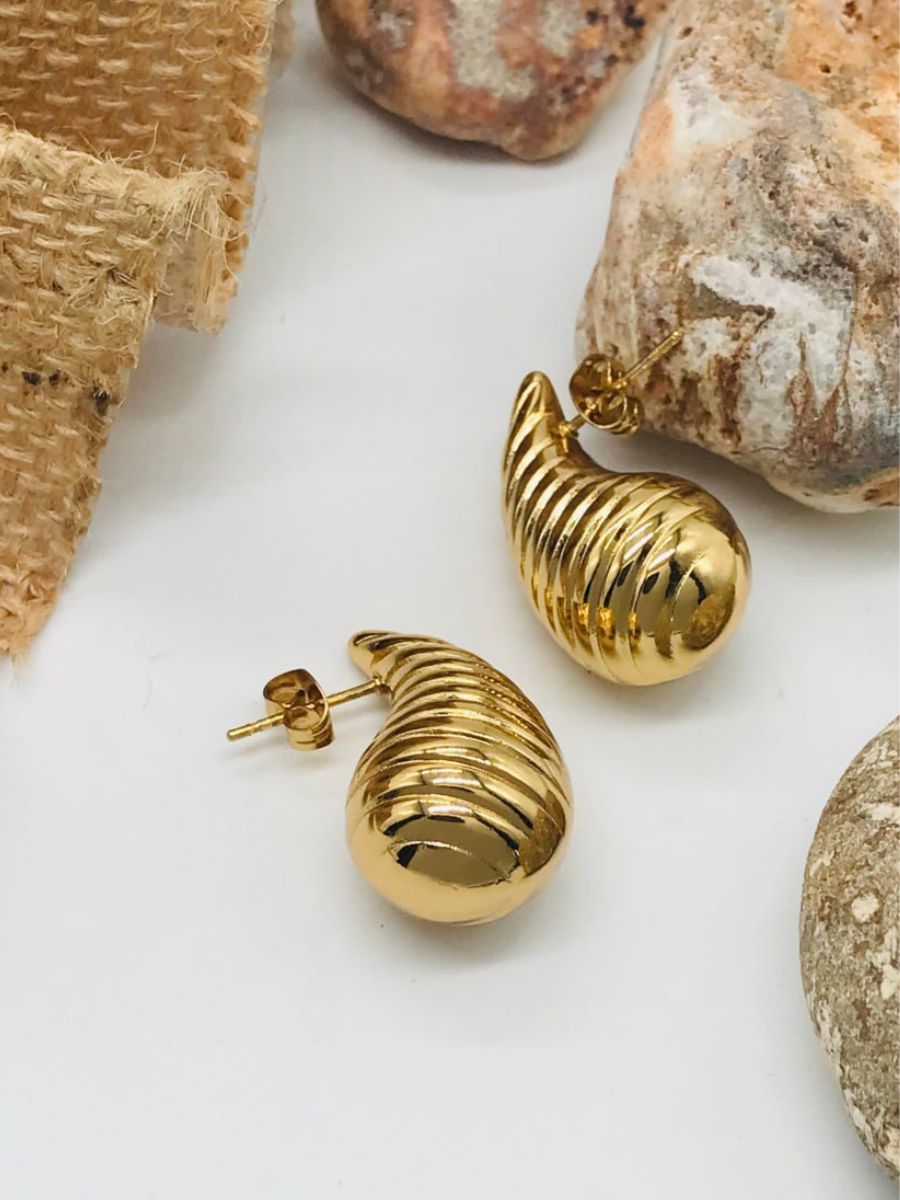 Chunky Gold Plated Striped Teardrop Korean Stud Earrings