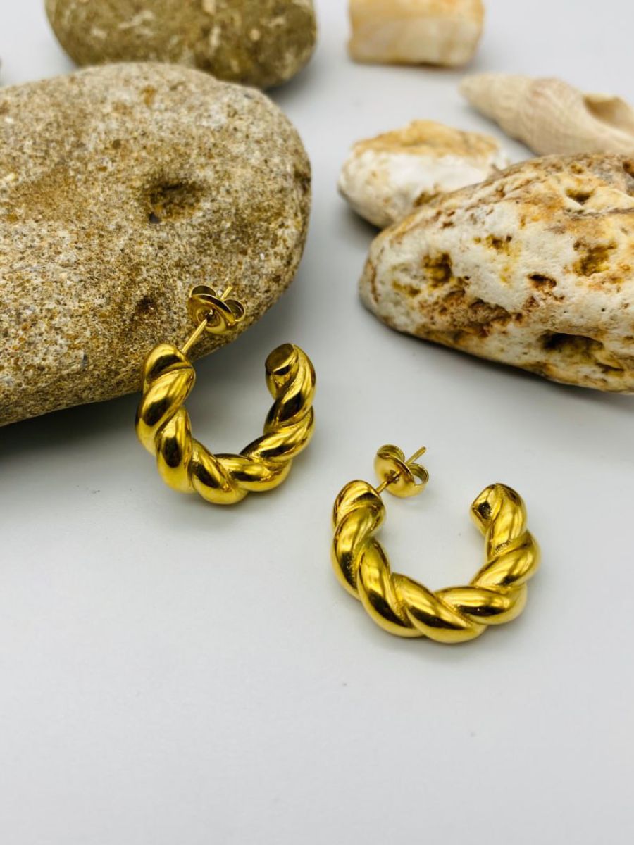 Chunky Gold Toned Twisted Half Hoop Earrings