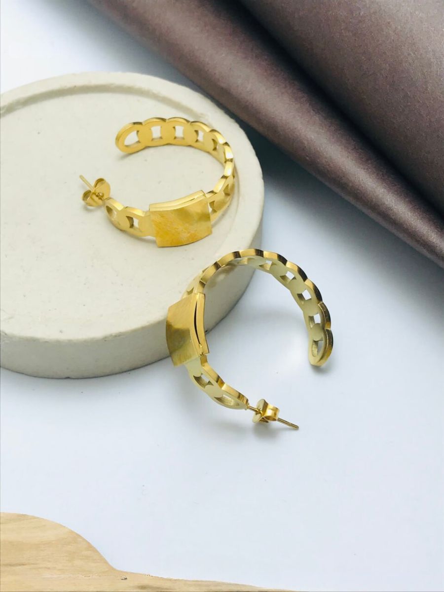 Buy Chunky Golden Plated Chain Style Half Hoop Earrings Online - TheJewelbox