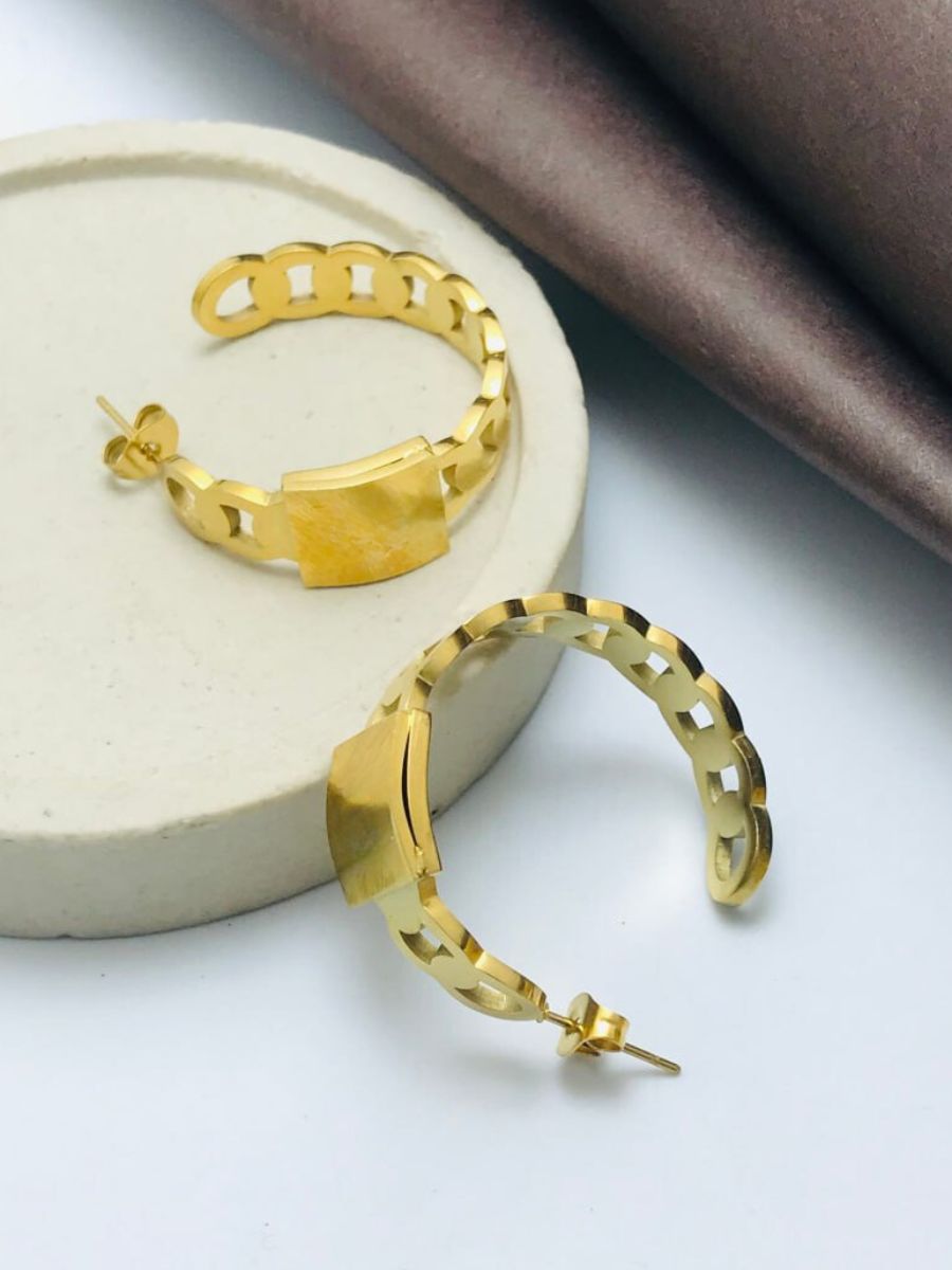 Chunky Golden Plated Chain Style Half Hoop Earrings