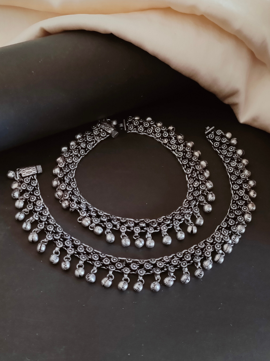 Classic German Silver Oxidised Ghungroo Anklets