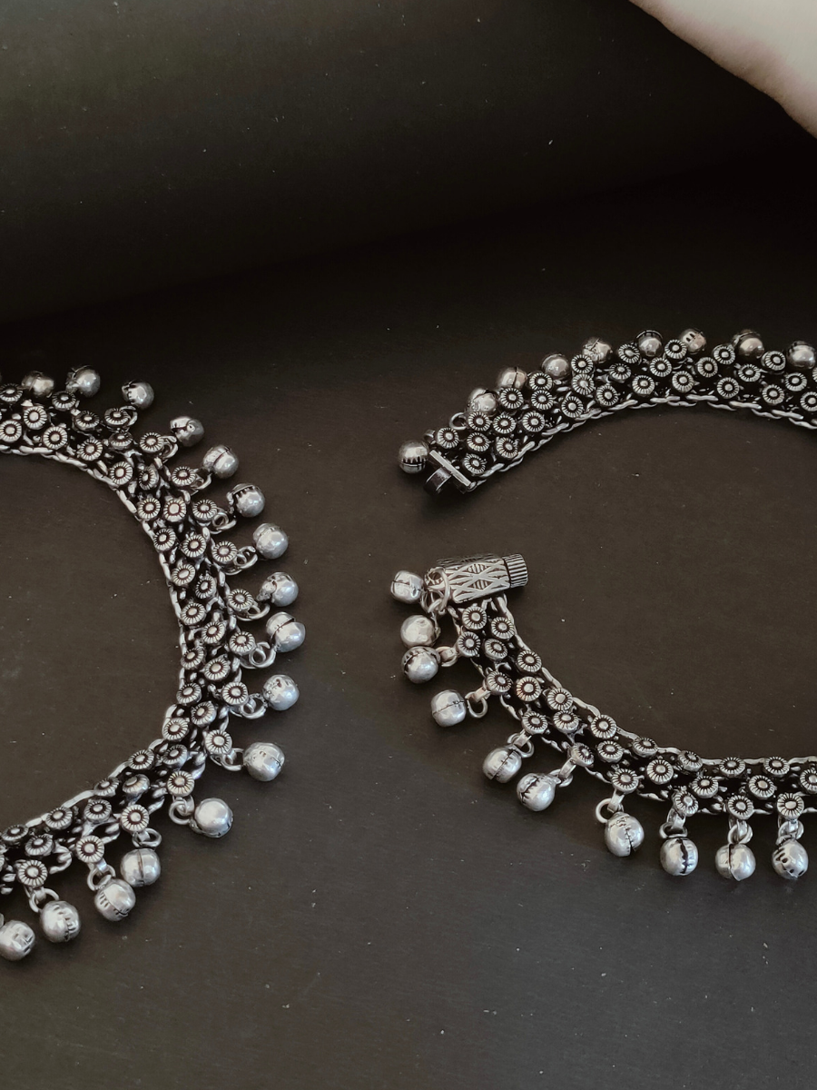 Classic German Silver Oxidised Ghungroo Anklets