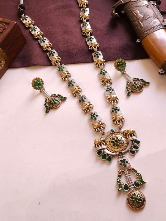 Buy Classic Green Stones Dual Tone Oxidised Long Necklace Set - TheJewelbox